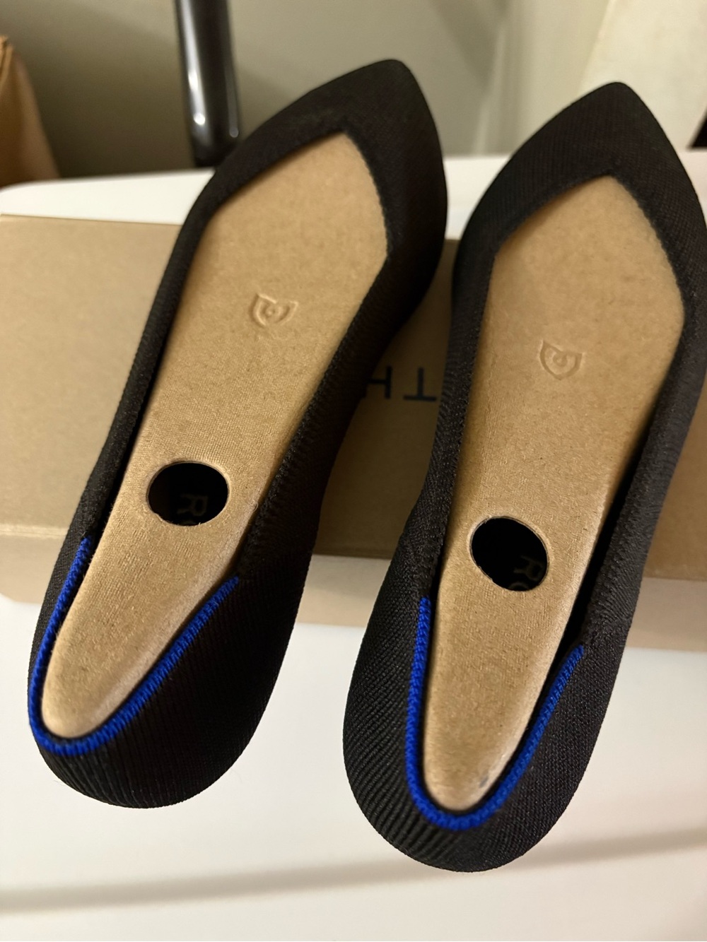 Rothy's Black Pointed Knit Flats with Blue Trim - Picture 3 of 6